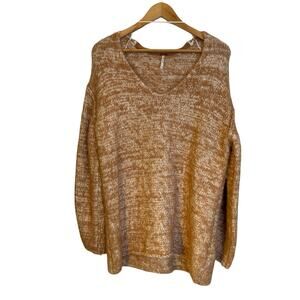 Free People Sparrow Pullover Sweater Brown Ivory Heather Fuzzy Oversized V-Neck